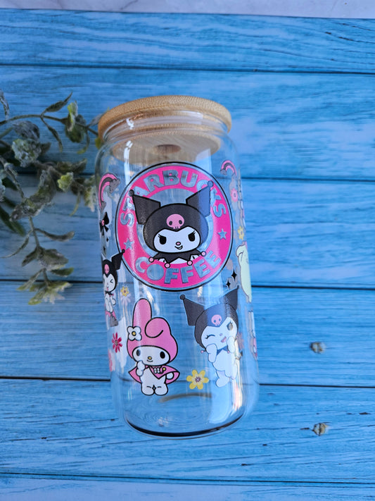 16oz Glass cup kuku and friends with  plastic straw