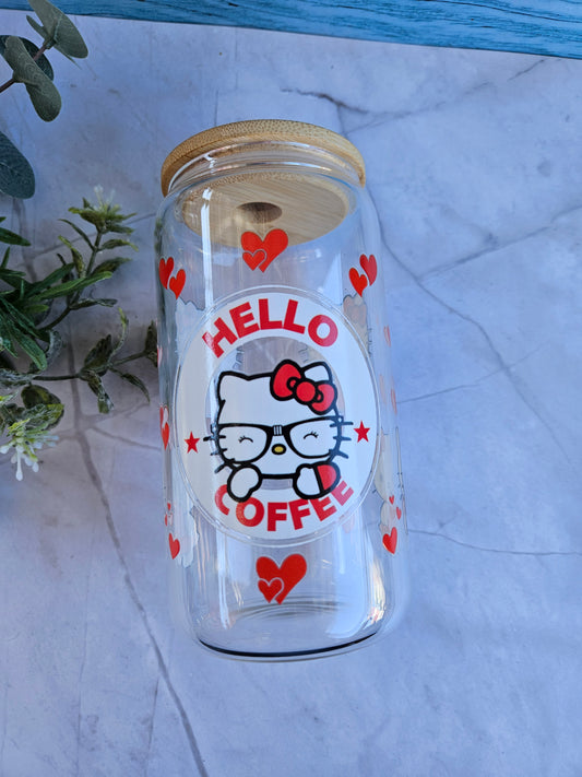 16 oz Red Kitty  glass cup with plasic straw