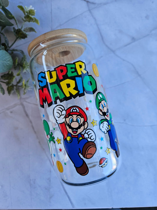 16 oz  Mario and friends glass cup with plasic straw