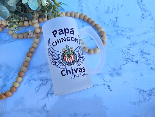 16 oz  Papa chin..  Chivas glass beer jar with plasic straw