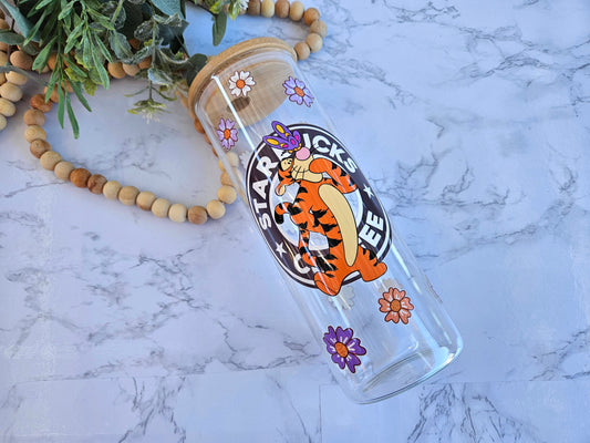 25oz Tiger Glass cup with  plastic straw