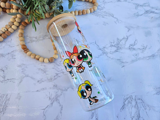 25oz Glass cup Super Girl with  plastic straw